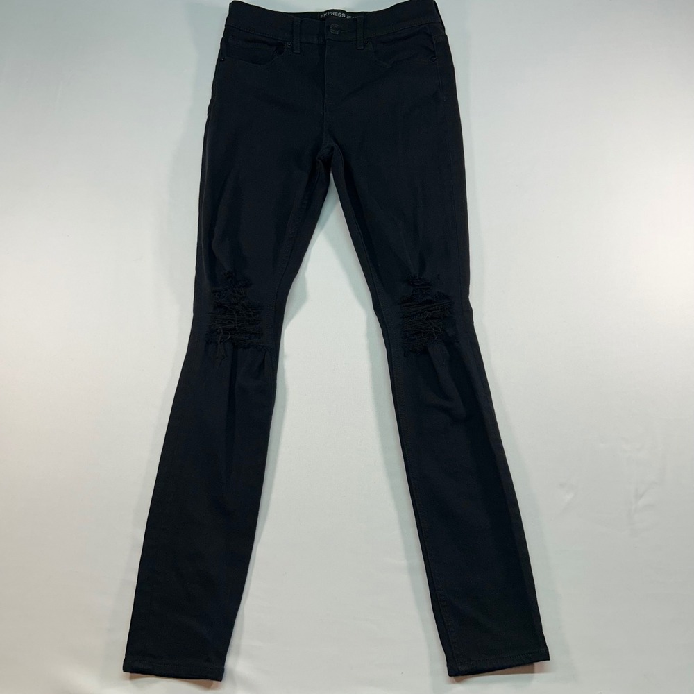 Express Jeans Womens 4 Black Distressed Ripped Knee Skinny Leg Denim Pants‎
